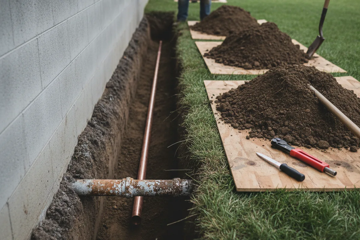Excavated water line trench during Water Heater Repair in Sonora